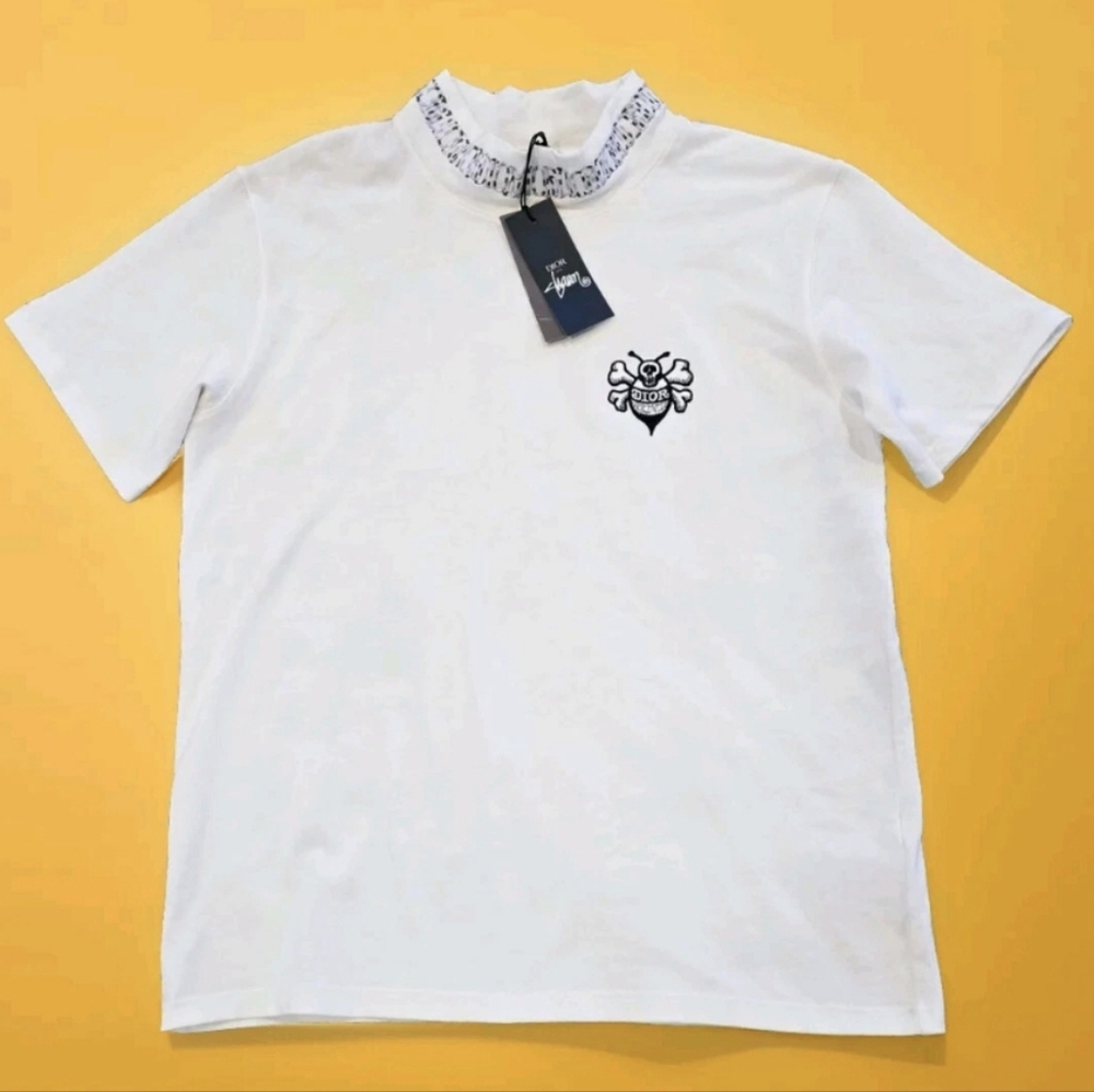 Dior X Shawn Stussy White Cotton Mock Neck Embroidered Bee Logo T Shirt! Size M
